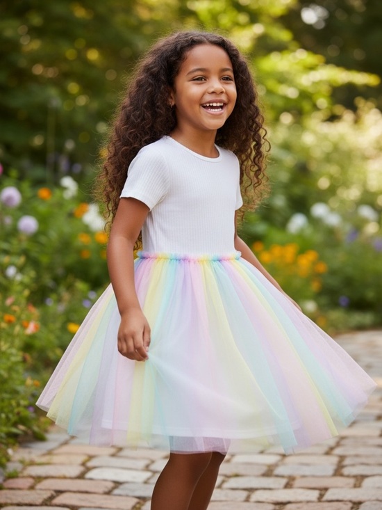 wonder nation Other - Wonder Nation White Top Pastel Rainbow Tulle Skirt Dress Size Medium (7/8)